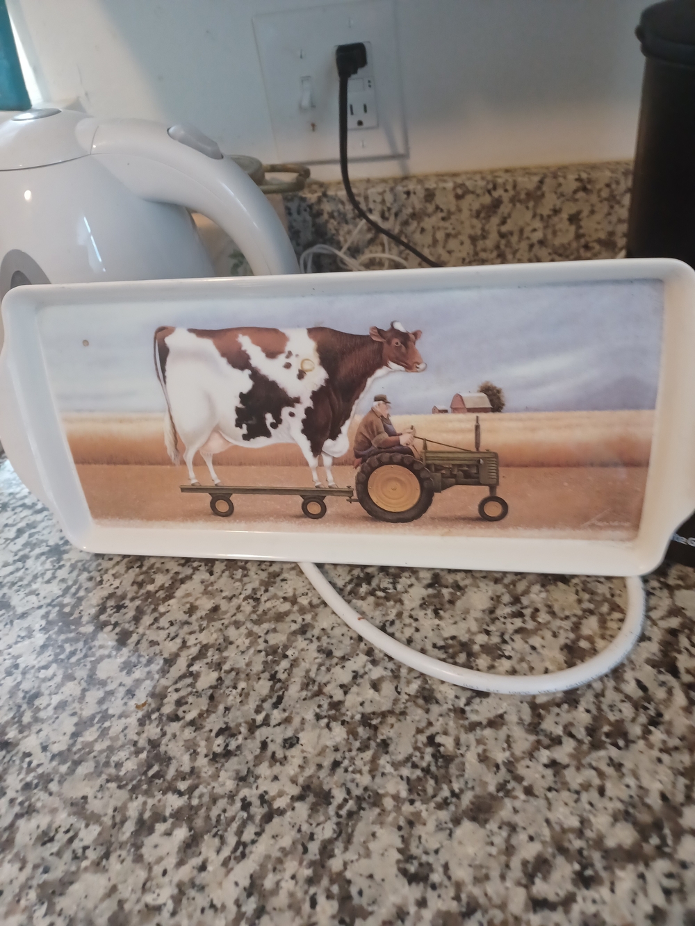 Whimsical Cow & Tractor Decorative Tray - White